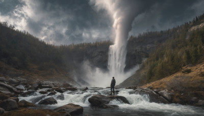 solo, 1boy, male focus, outdoors, sky, cloud, water, tree, cloudy sky, nature, scenery, forest, rock, waterfall