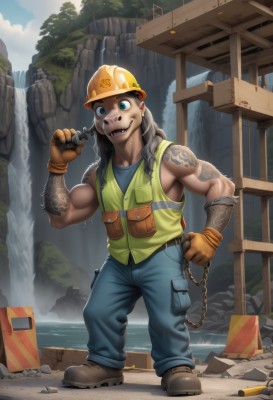 solo,long hair,looking at viewer,smile,open mouth,blue eyes,shirt,black hair,gloves,1boy,bare shoulders,green eyes,standing,full body,male focus,boots,outdoors,sky,teeth,sleeveless,day,belt,pants,artist name,cloud,water,vest,tree,blue sky,tattoo,muscular,chain,watermark,brown footwear,helmet,sharp teeth,brown gloves,pocket,rock,muscular female,blue pants,arm tattoo,shoulder tattoo,waterfall,hardhat,earrings,shoes,fangs,yellow gloves