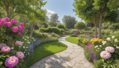 flower,outdoors,sky,day,cloud,tree,blue sky,no humans,grass,plant,white flower,nature,scenery,pink flower,forest,yellow flower,purple flower,road,bush,hydrangea,path,pavement,sunlight,cloudy sky