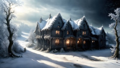 HQ,outdoors,sky,day,cloud,tree,no humans,window,sunlight,cloudy sky,building,nature,scenery,snow,forest,snowing,mountain,road,house,winter,bare tree,pine tree,fantasy,castle,landscape