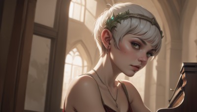 1girl,solo,breasts,looking at viewer,blush,short hair,bangs,hair ornament,cleavage,bare shoulders,jewelry,green eyes,collarbone,upper body,white hair,hairband,earrings,parted lips,glasses,artist name,indoors,necklace,mole,blurry,lips,eyelashes,window,pendant,freckles,realistic,nose,dress,holding,grey hair,teeth,day,watermark,red dress,sunlight,tiara,instrument,portrait,web address,backlighting,pink lips,red lips,spaghetti strap,head wreath,leaf hair ornament,holding instrument,laurel crown