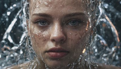 1girl, solo, looking at viewer, closed mouth, green eyes, water, blurry, lips, wet, portrait, close-up, realistic