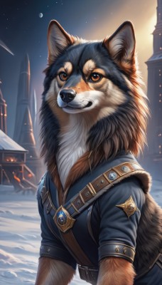 solo,looking at viewer,1boy,brown eyes,jewelry,jacket,upper body,short sleeves,male focus,outdoors,sky,belt,artist name,signature,orange eyes,fur trim,no humans,night,animal,moon,brooch,building,gem,star (sky),night sky,furry,snow,starry sky,dog,snowing,animal focus,wolf,black fur,teeth,watermark,blue jacket,realistic