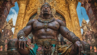 breasts,open mouth,1boy,navel,jewelry,sitting,nipples,male focus,earrings,outdoors,multiple boys,sky,teeth,solo focus,day,artist name,cloud,dark skin,spread legs,necklace,bracelet,blue sky,fingernails,tattoo,muscular,facial hair,chain,piercing,abs,from below,dark-skinned male,ring,helmet,crown,pectorals,muscular male,building,gem,bara,6+boys,topless male,realistic,headdress,bangle,arm tattoo,nipple piercing,bald,hand on own knee,navel piercing,fat,hands on own knees,throne,statue,crowd,bodypaint,fat man,egyptian,banner,thumb ring,egyptian clothes,gold chain,ankh,solo,black hair,gloves,closed eyes,belt,fingerless gloves,armor,beard,large pectorals,giant,manly,gold