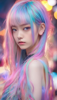 1girl,solo,long hair,looking at viewer,bangs,bare shoulders,jewelry,closed mouth,blue hair,upper body,pink hair,multicolored hair,earrings,blunt bangs,mole,blurry,black eyes,from side,two-tone hair,lips,looking to the side,eyelashes,makeup,blurry background,piercing,ear piercing,realistic,nose,stud earrings,blue eyes,artist name,grey eyes,tattoo,watermark,web address,mascara