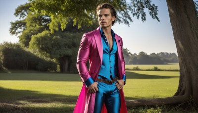 HQ,solo,brown hair,shirt,long sleeves,1boy,brown eyes,standing,male focus,outdoors,open clothes,sky,day,belt,pants,tree,coat,facial hair,grass,blue shirt,beard,hands on hips,realistic,hands in pockets,mustache,blue pants,vest