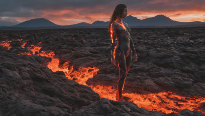 1girl, solo, long hair, breasts, black hair, standing, outdoors, sky, bodysuit, fire, sunset, burning, molten rock