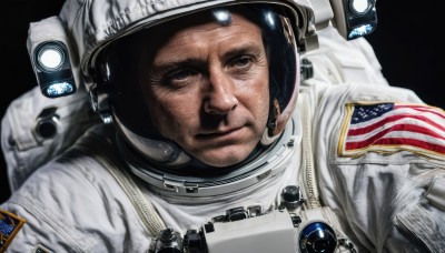 solo,looking at viewer,1boy,closed mouth,upper body,male focus,signature,black eyes,facial hair,helmet,black background,portrait,science fiction,realistic,space,american flag,spacesuit,astronaut,reflection,earth (planet),space helmet,united states,american flag print