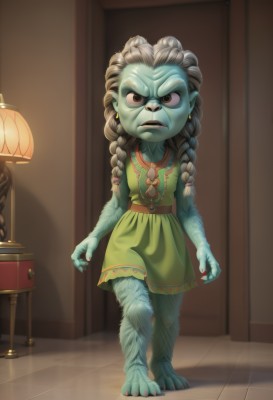 1girl,solo,long hair,looking at viewer,open mouth,brown hair,dress,jewelry,standing,full body,braid,grey hair,earrings,barefoot,teeth,sleeveless,indoors,necklace,twin braids,colored skin,frown,child,claws,furry,green dress,blue skin,female child,lamp,green skin,fewer digits,brown eyes,green eyes,pointy ears,belt,artist name,black eyes,flat chest,fingernails,v-shaped eyebrows,sash,watermark,hair over shoulder,web address,toenails,serious,dirty,dirty feet