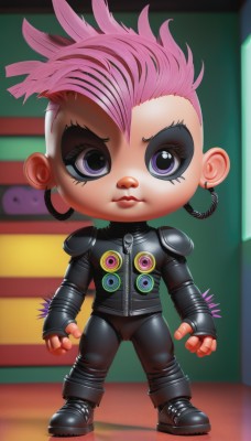 1girl,solo,looking at viewer,short hair,gloves,jewelry,closed mouth,standing,purple eyes,jacket,full body,pink hair,earrings,boots,black gloves,pants,artist name,fingerless gloves,chibi,black footwear,lips,black jacket,eyelashes,makeup,blurry background,black pants,eyeshadow,clenched hands,eyeliner,very short hair,leather,undercut,leather jacket,mohawk,leather pants,armor,shoulder armor,zipper,hoop earrings,realistic,nose,shoulder pads,badge