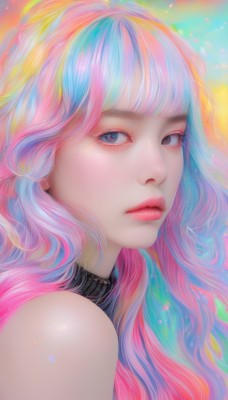 1girl,solo,long hair,looking at viewer,bangs,blue eyes,bare shoulders,closed mouth,blue hair,upper body,pink hair,multicolored hair,sleeveless,lips,eyelashes,makeup,portrait,eyeshadow,pink lips,multicolored eyes,realistic,nose,rainbow,colorful,rainbow hair,parted lips,blunt bangs,from side,grey eyes,gradient hair,heterochromia,watermark,wavy hair,close-up,red lips