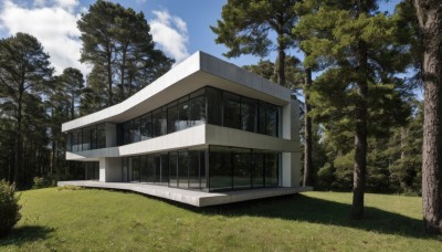 outdoors,sky,day,cloud,tree,blue sky,no humans,window,shadow,cloudy sky,grass,building,nature,scenery,forest,fence,door,road,bush,house