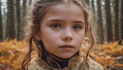 1girl,solo,long hair,looking at viewer,blonde hair,brown hair,brown eyes,closed mouth,outdoors,blurry,black eyes,tree,lips,grey eyes,depth of field,blurry background,expressionless,portrait,nature,close-up,forehead,forest,freckles,curly hair,realistic,day,eyelashes,sunlight