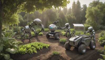 weapon,outdoors,multiple boys,day,holding weapon,tree,gun,military,no humans,sunlight,helmet,grass,robot,ground vehicle,holding gun,nature,mecha,motor vehicle,rifle,forest,science fiction,light rays,road,machine gun,soldier,non-humanoid robot,armor,realistic,cannon,tank,rocket launcher