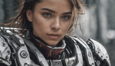 1girl,solo,long hair,looking at viewer,brown hair,brown eyes,jewelry,closed mouth,upper body,earrings,dark skin,medium hair,armor,mole,blurry,lips,blurry background,piercing,shoulder armor,portrait,freckles,science fiction,pauldrons,realistic,stud earrings,power armor,mole on cheek,dark-skinned female,depth of field,thick eyebrows,messy hair,close-up,nose