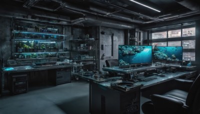 indoors,tree,cup,no humans,window,chair,table,bottle,plant,box,scenery,desk,fish,lamp,computer,monitor,shelf,keyboard (computer),sink,ceiling light,science fiction