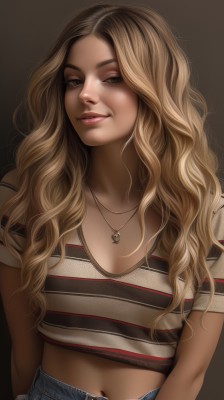 1girl,solo,long hair,breasts,looking at viewer,smile,blonde hair,simple background,brown hair,shirt,navel,brown eyes,jewelry,upper body,midriff,striped,pants,dark skin,necklace,dark-skinned female,lips,crop top,wavy hair,denim,freckles,brown background,curly hair,jeans,striped shirt,realistic,nose,cleavage,medium breasts,short sleeves,parted lips,teeth,mole