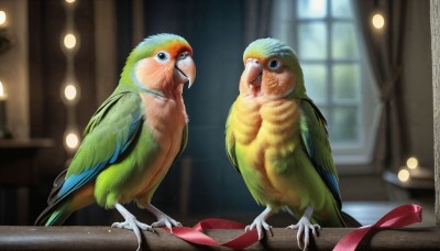 HQ,open mouth,ribbon,standing,indoors,blurry,black eyes,red ribbon,no humans,window,depth of field,blurry background,bird,animal,feathers,curtains,realistic,animal focus,talons,beak,parrot,looking at viewer,closed mouth,full body,shoes,looking at another,box