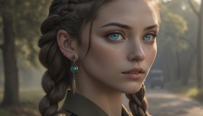 1girl,solo,long hair,looking at viewer,blue eyes,brown hair,jewelry,green eyes,braid,earrings,outdoors,parted lips,teeth,day,artist name,blurry,twin braids,aqua eyes,tree,lips,eyelashes,depth of field,blurry background,piercing,ear piercing,portrait,close-up,freckles,realistic,nose,black hair,sunlight