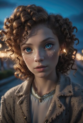 1girl,solo,looking at viewer,short hair,blue eyes,brown hair,jewelry,jacket,upper body,earrings,outdoors,parted lips,open clothes,necklace,blurry,lips,eyelashes,night,depth of field,blurry background,wavy hair,messy hair,portrait,freckles,curly hair,brown jacket,realistic,nose,shirt,artist name,makeup,watermark,web address,backlighting,bokeh,mascara