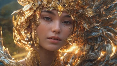 1girl,solo,long hair,looking at viewer,brown hair,hair ornament,brown eyes,jewelry,parted lips,teeth,artist name,blurry,lips,grey eyes,eyelashes,depth of field,blurry background,feathers,gem,portrait,close-up,freckles,circlet,realistic,headpiece,nose,mole on cheek,short hair,shiny,light particles,headdress,gold