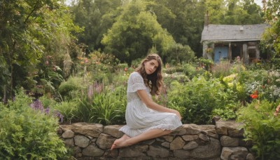 1girl,solo,long hair,looking at viewer,brown hair,dress,brown eyes,sitting,flower,short sleeves,outdoors,barefoot,day,white dress,feet,tree,lips,grass,plant,building,nature,scenery,forest,realistic,bush,house,garden,wariza,rock