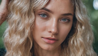 1girl,solo,long hair,looking at viewer,blue eyes,blonde hair,closed mouth,parted lips,blurry,lips,grey eyes,eyelashes,blurry background,wavy hair,portrait,close-up,curly hair,realistic,nose,green eyes,artist name,signature,freckles