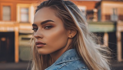 1girl,solo,long hair,looking at viewer,blonde hair,brown hair,brown eyes,jewelry,multicolored hair,earrings,parted lips,artist name,signature,blurry,black eyes,lips,makeup,depth of field,blurry background,watermark,portrait,freckles,realistic,nose,red lips,stud earrings,denim jacket,jacket,outdoors,from side,eyelashes,thick eyebrows,denim,blue jacket,veil