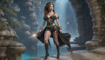 1girl,solo,long hair,breasts,looking at viewer,brown hair,holding,cleavage,bare shoulders,brown eyes,jewelry,medium breasts,standing,collarbone,full body,weapon,earrings,boots,shorts,water,necklace,black footwear,high heels,bracelet,lips,short shorts,makeup,black shorts,moon,ring,knee boots,knife,plant,lipstick,black nails,armband,corset,armlet,high heel boots,curly hair,realistic,dagger,pillar,column,blue eyes,sky,tree,night,leaf,tiara,star (sky),crescent moon