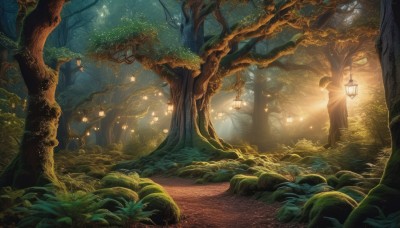 outdoors,sky,tree,no humans,night,glowing,grass,plant,star (sky),nature,scenery,light particles,forest,lantern,fantasy,light,road,path,leaf,sunlight,light rays,mushroom,moss