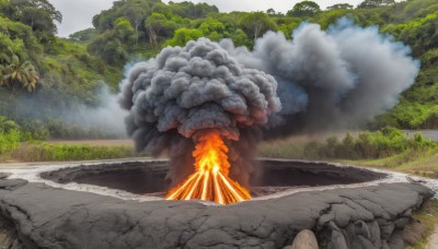 outdoors,sky,day,cloud,tree,no humans,grass,fire,nature,scenery,forest,smoke,rock,road,bush,explosion,burning,molten rock,landscape