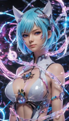 1girl,solo,breasts,looking at viewer,short hair,bangs,blue eyes,large breasts,hair ornament,animal ears,cleavage,bare shoulders,jewelry,medium breasts,closed mouth,blue hair,upper body,shiny,cat ears,lips,clothing cutout,headgear,revealing clothes,armlet,science fiction,realistic,nose,earrings,fake animal ears