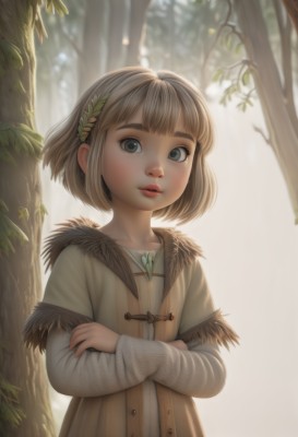 1girl,solo,looking at viewer,short hair,bangs,blonde hair,brown hair,hair ornament,long sleeves,upper body,outdoors,parted lips,day,blurry,tree,lips,coat,grey eyes,leaf,crossed arms,sunlight,child,nature,forest,backlighting,realistic,nose,female child,blue eyes,hairband,artist name,blunt bangs,fur trim,eyelashes,watermark,bob cut,thick eyebrows,feathers,web address,leaf hair ornament