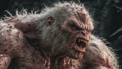 solo,open mouth,1boy,upper body,white hair,male focus,teeth,blurry,no humans,blood,muscular,fangs,sharp teeth,beard,monster,blood on face,realistic,yellow eyes,messy hair,portrait,veins,horror (theme),tusks