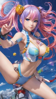 1girl,solo,long hair,breasts,looking at viewer,smile,bangs,blue eyes,large breasts,hair ornament,navel,cleavage,hair between eyes,bare shoulders,twintails,jewelry,swimsuit,pink hair,bikini,thighs,multicolored hair,outdoors,sky,sleeveless,day,midriff,artist name,cloud,spread legs,star (symbol),bracelet,two-tone hair,blue sky,lips,crop top,fingernails,tattoo,gradient hair,floating hair,leg up,wristband,between breasts,blue bikini,armlet,flying,wristwatch,badge,bikini bottom only,mismatched bikini,closed mouth,purple hair,armpits,eyelashes,watermark,sunlight,light smile,robot,ground vehicle,star (sky),zipper,aircraft,space,planet,spacecraft,rocket