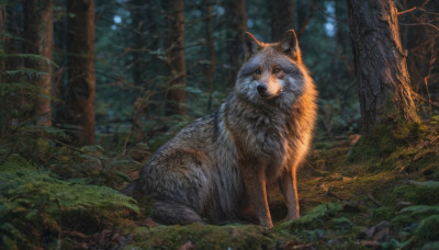 outdoors, blurry, tree, no humans, night, animal, plant, nature, scenery, forest, realistic, animal focus, wolf