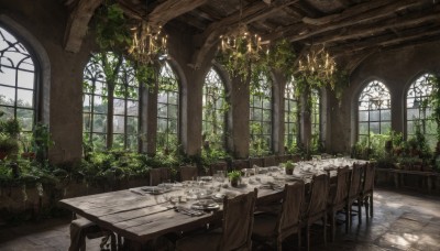 flower,day,indoors,tree,no humans,window,chair,table,sunlight,plant,scenery,potted plant,candle,ruins,vines,pillar,candlestand,chandelier,overgrown,wooden chair,wooden floor,fantasy,arch,wooden table