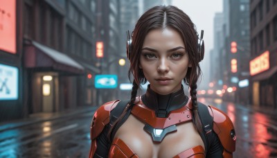 1girl,solo,long hair,breasts,looking at viewer,brown hair,black hair,cleavage,brown eyes,medium breasts,closed mouth,upper body,braid,outdoors,armor,blurry,twin braids,lips,bodysuit,depth of field,blurry background,headgear,building,forehead,science fiction,rain,city,sign,realistic,road,street,cyberpunk,bangs,parted bangs,neon lights