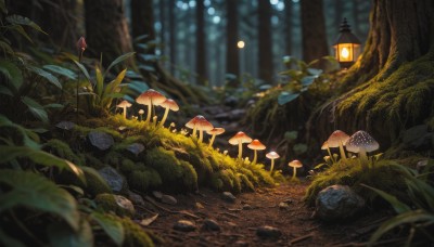 outdoors,blurry,tree,no humans,night,depth of field,blurry background,leaf,grass,plant,nature,scenery,forest,lantern,rock,bush,mushroom,path,moss,day,sunlight,light,lamp