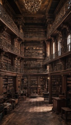 indoors,book,no humans,window,chair,table,sunlight,scenery,light rays,wooden floor,stairs,door,bookshelf,lamp,candle,architecture,stool,shelf,book stack,library,ceiling,ladder,carpet,arch,candlestand,ceiling light,rug,chandelier,day