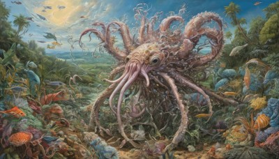 outdoors,sky,day,cloud,water,tree,no humans,ocean,animal,traditional media,plant,nature,scenery,tentacles,forest,fish,monster,underwater,palm tree,shell,crab,starfish,octopus,jellyfish,squid,coral,seaweed,eldritch abomination,bird