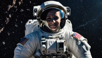 solo,looking at viewer,smile,1boy,upper body,male focus,helmet,star (sky),reflection,realistic,space,planet,earth (planet),american flag,spacesuit,japanese flag,space helmet,astronaut,1girl,black hair,closed eyes,lips,starry sky,flag print,united states,american flag print