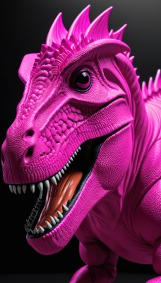 solo,open mouth,simple background,teeth,tongue,tongue out,pink eyes,no humans,fangs,sharp teeth,black background,monster,realistic,scales,pink theme,pink skin,dinosaur,looking at viewer,pokemon (creature),colored skin