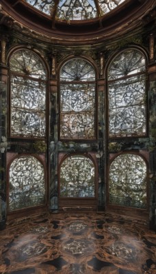 sky,day,indoors,tree,no humans,window,sunlight,plant,scenery,reflection,fantasy,architecture,pillar,stained glass,church,arch,reflective floor,chandelier,wooden floor,bare tree,floor,carpet