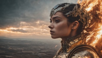 1girl,solo,short hair,brown hair,black hair,1boy,brown eyes,closed mouth,upper body,male focus,outdoors,sky,cloud,dark skin,water,armor,black eyes,from side,lips,profile,ocean,cloudy sky,fire,portrait,freckles,realistic,nose,horizon,looking afar,mole,scenery,fantasy