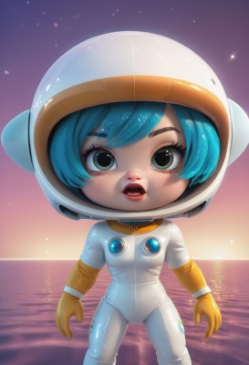 1girl,solo,looking at viewer,short hair,open mouth,bangs,gloves,green eyes,blue hair,standing,sky,teeth,artist name,water,lips,aqua hair,bodysuit,ocean,upper teeth only,watermark,helmet,star (sky),web address,starry sky,freckles,sunset,realistic,horizon,spacesuit,space helmet,astronaut,yellow gloves