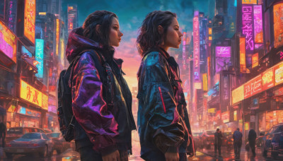 long hair, multiple girls, black hair, long sleeves, 2girls, jacket, outdoors, hood, bag, night, backpack, ground vehicle, building, motor vehicle, city, realistic, car, neon lights