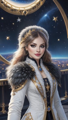 1girl,solo,long hair,breasts,looking at viewer,smile,blue eyes,brown hair,long sleeves,dress,jewelry,upper body,earrings,sky,artist name,signature,star (symbol),lips,coat,fur trim,makeup,night,watermark,lipstick,gem,star (sky),eyeshadow,starry sky,gold trim,hoop earrings,realistic,nose,white coat,red lips,space,planet,earth (planet),closed mouth,white dress,grey eyes,forehead,backlighting,fur collar,architecture