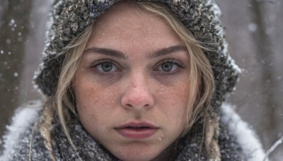 1girl,solo,long hair,looking at viewer,blonde hair,hat,closed mouth,parted lips,hood,blurry,lips,grey eyes,eyelashes,portrait,snow,close-up,freckles,snowing,realistic,nose,winter,brown eyes,outdoors,fur trim,depth of field,blurry background,hood up,winter clothes