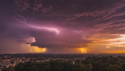 outdoors,sky,cloud,no humans,cloudy sky,grass,building,scenery,sunset,city,fantasy,horizon,electricity,cityscape,lightning,landscape,ocean,nature,river,city lights,hill